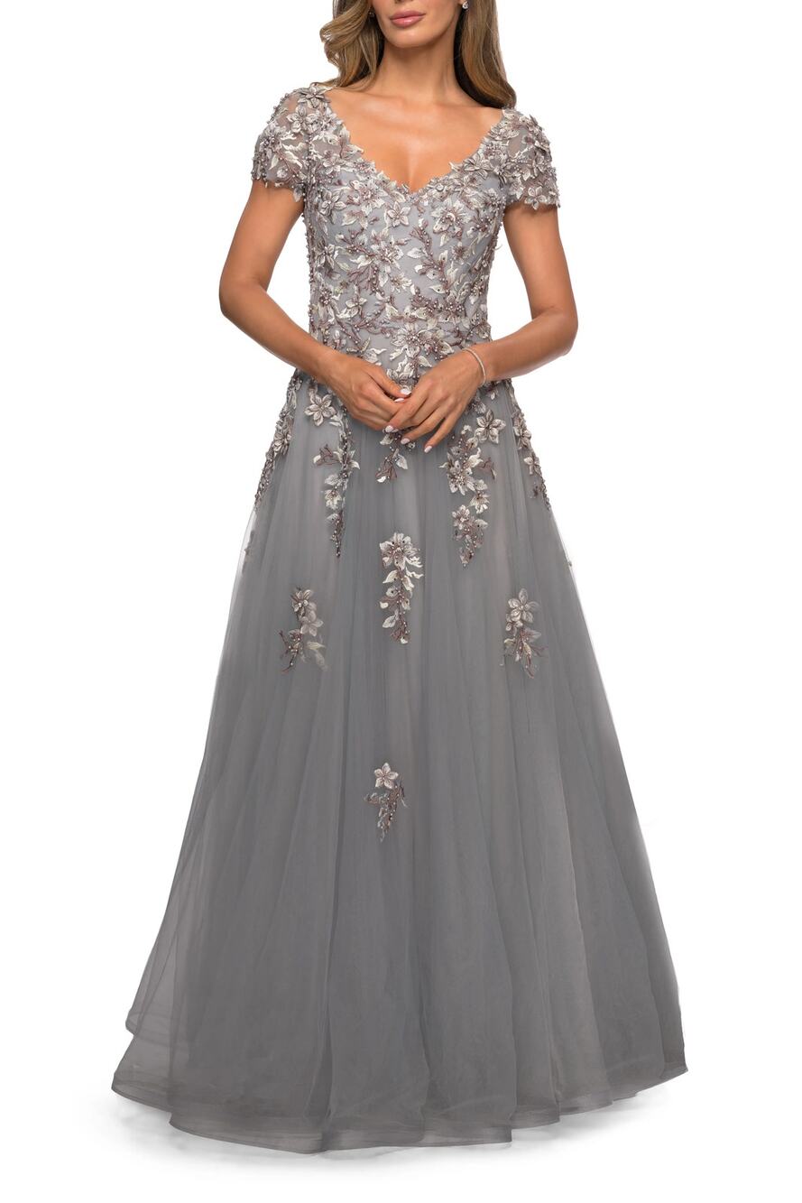 La Femme Gray Beaded Lace Applique Tulle V-neck Cap Sleeve A-Line Gown, 10 MOB